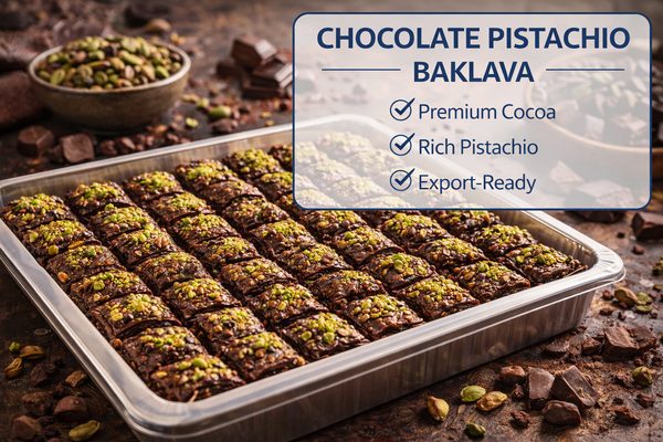 Chocolate pistachio baklava — modern baklava flavor for export gifting and premium retail