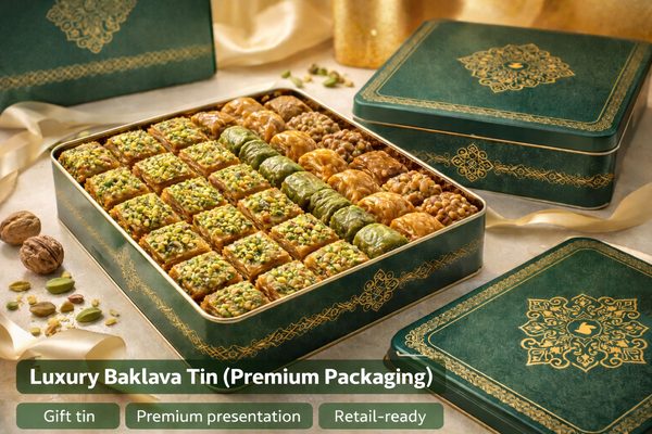 Luxury baklava tin premium packaging — gift tin format for export retail and corporate gifting