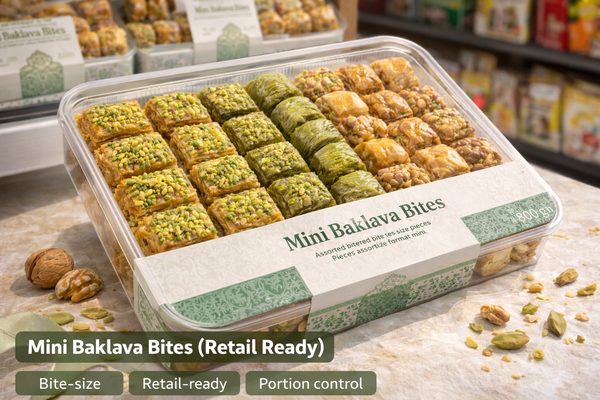 Mini baklava bites retail ready — portion-controlled bite-size Turkish baklava for export